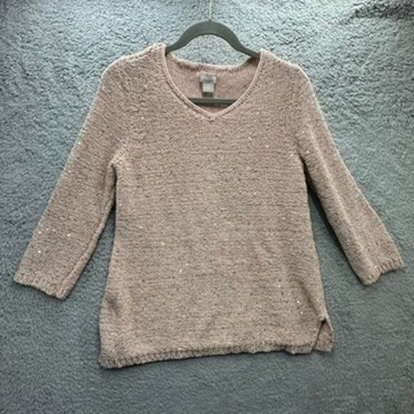 Chico's Size 1 (Medium / Size 8) Pink Sparkly Sweater V-Neck Soft - Picture 6 of 9